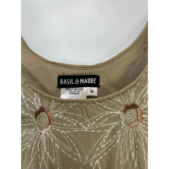 Basil & Maude Anthropologie Dress Womens Medium Embroidered Floral Tan Mini Boho - Picture 5 of 8